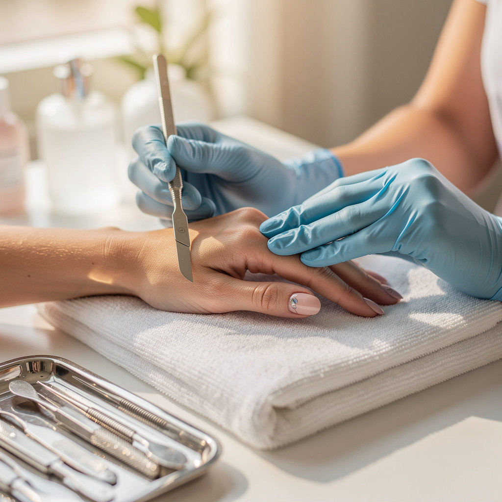 Angels Nail & Spa team member demonstrating meticulous hygiene and artistry in a clean, modern salon environment